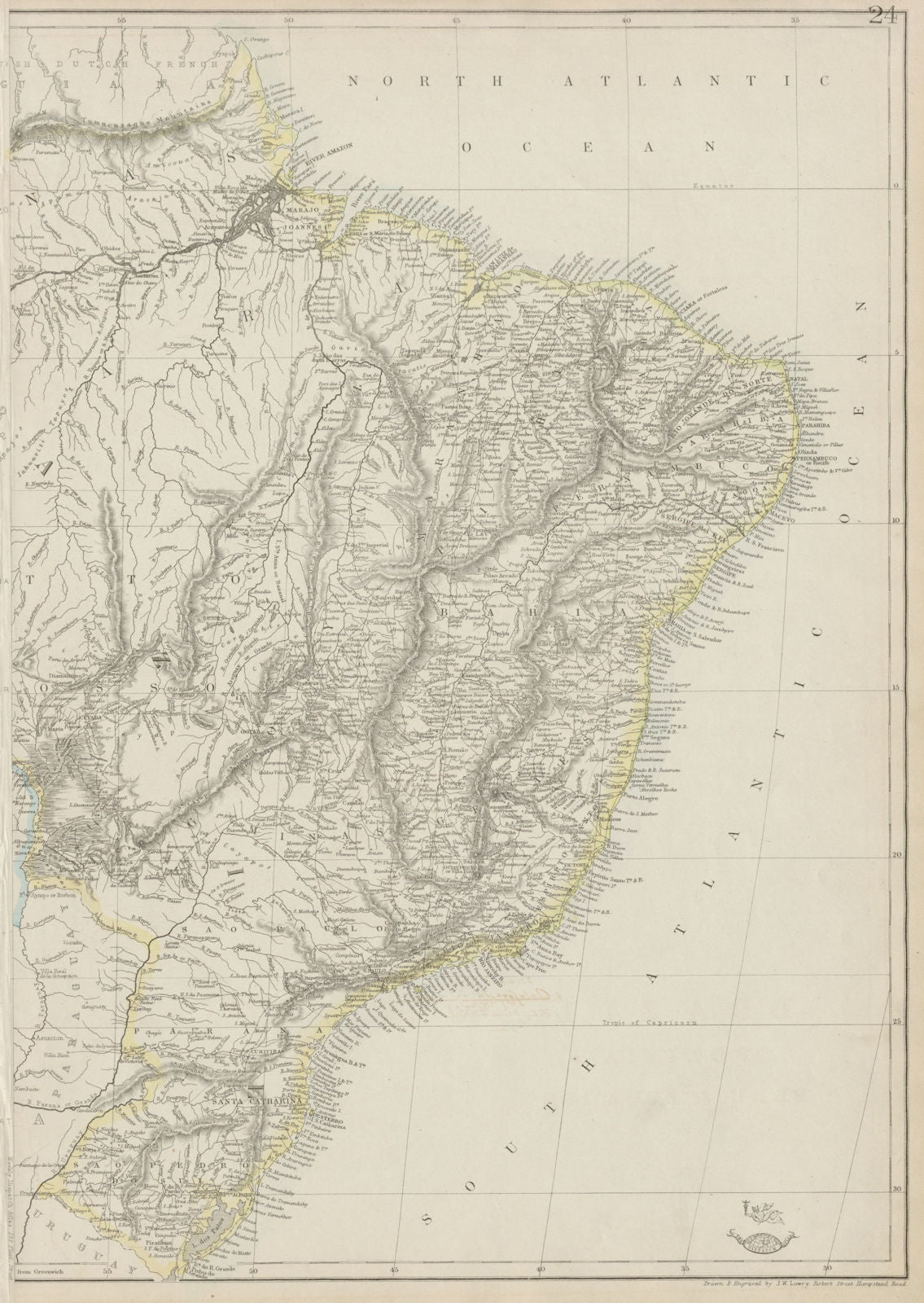 BRAZIL COAST / East sheet. Borders pre Paraguayan War 1864. LOWRY 1862 old map